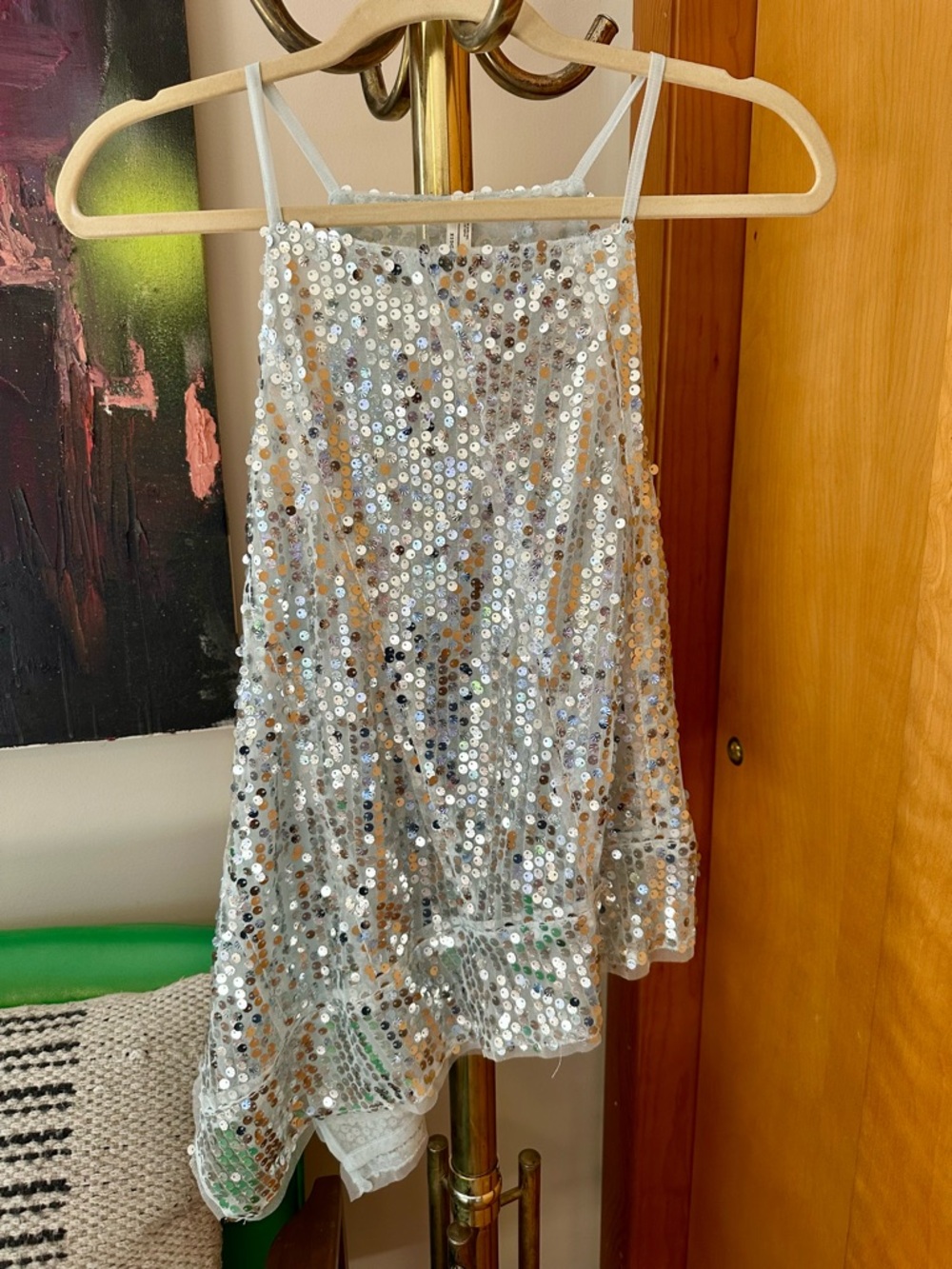 Anthropologie Silver Sequin Asymmetrical Top